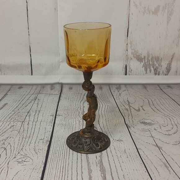 Putti Cherub Angel Votive Candle Holder Cast Metal Amber Glass Bowl 8" - Picture 4 of 13